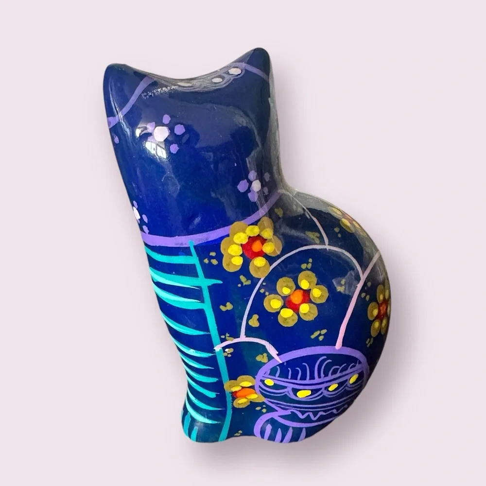 Vintage Hand Painted Ceramic Mexican Folk Art Talavera Cat Figurine With Flowers - Picture 9 of 13